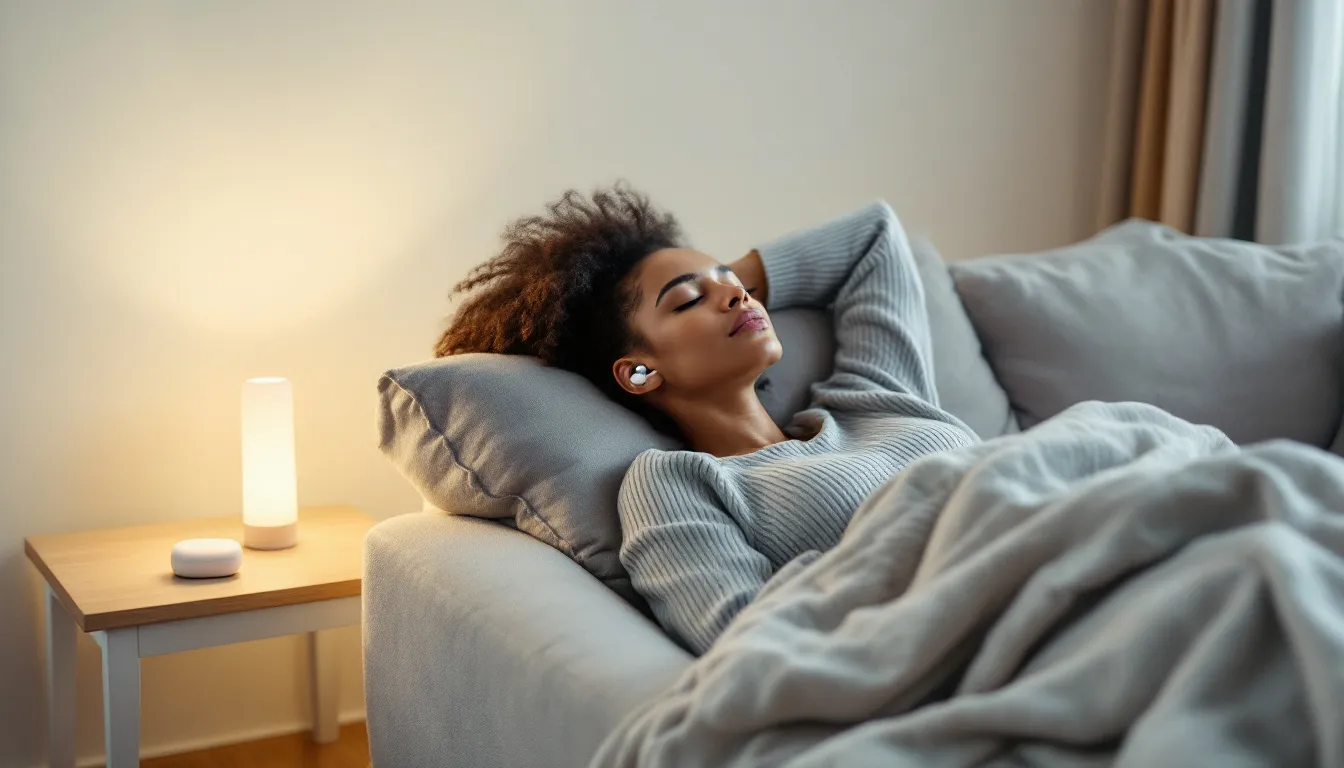 A person using Loop Dream ear plugs while relaxing in a quiet environment, enhancing sleep quality.