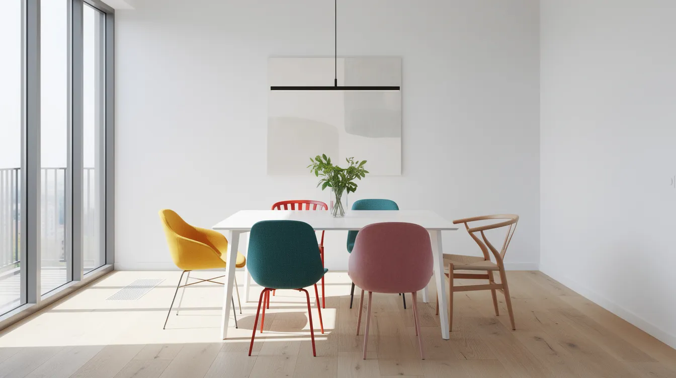 I en modern matsal finns ett vitt matbord omgiven av färgglada stolar, vilket skapar en livlig och inbjudande atmosfär. Rummet är ljust och fräscht, perfekt för en matplats där man kan samlas med familj och vänner.