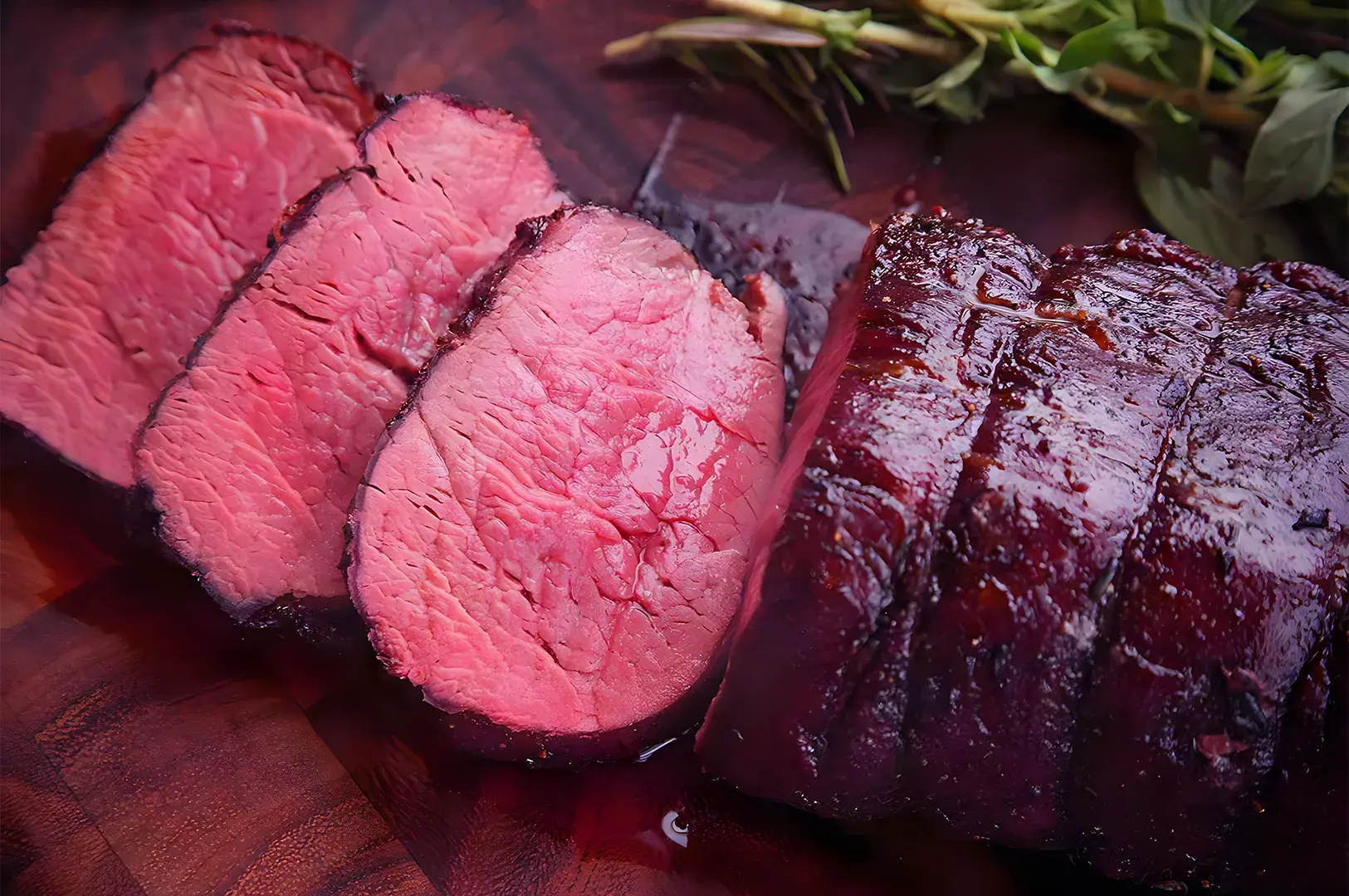 Sliced, juicy, rare roast beef on a wooden board, with a sprig of fresh herbs. The pink meat contrasts against the dark, glossy crust.