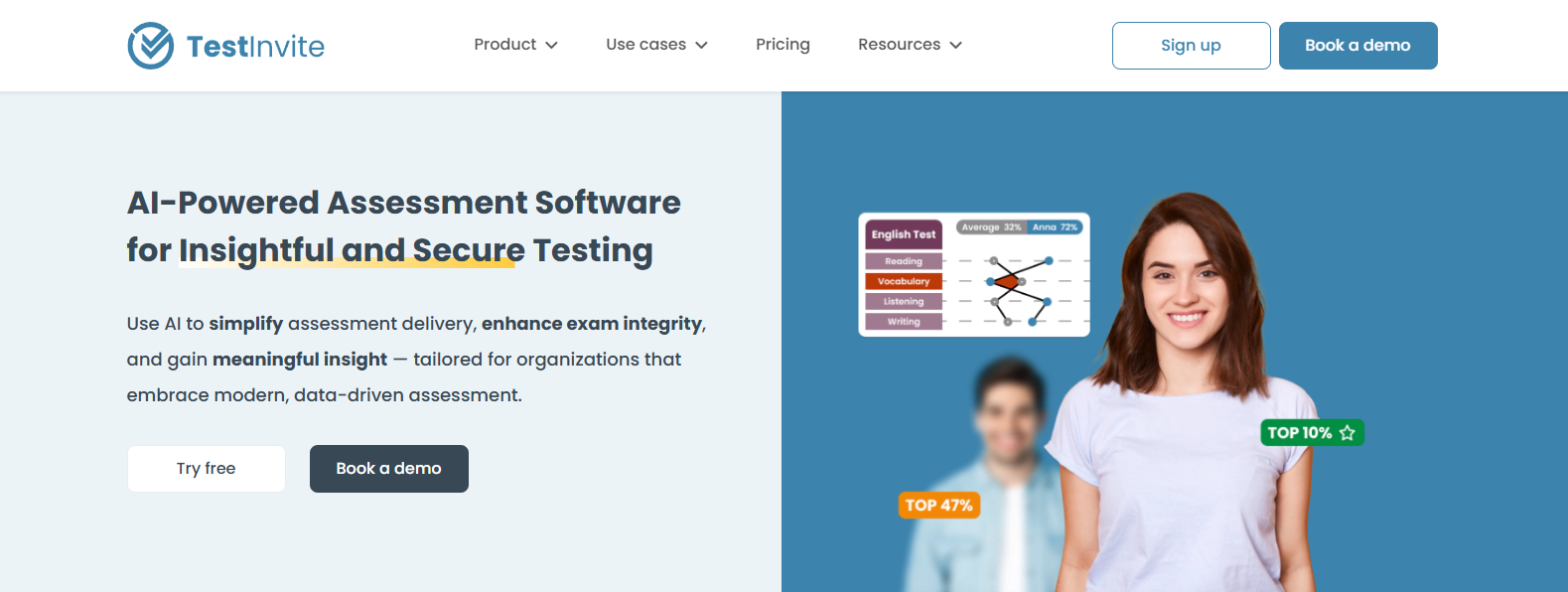 TestInvite AI-powered assessment platform providing secure online testing, exam integrity monitoring, and data-driven evaluation capabilities as an Honorlock alternative.
