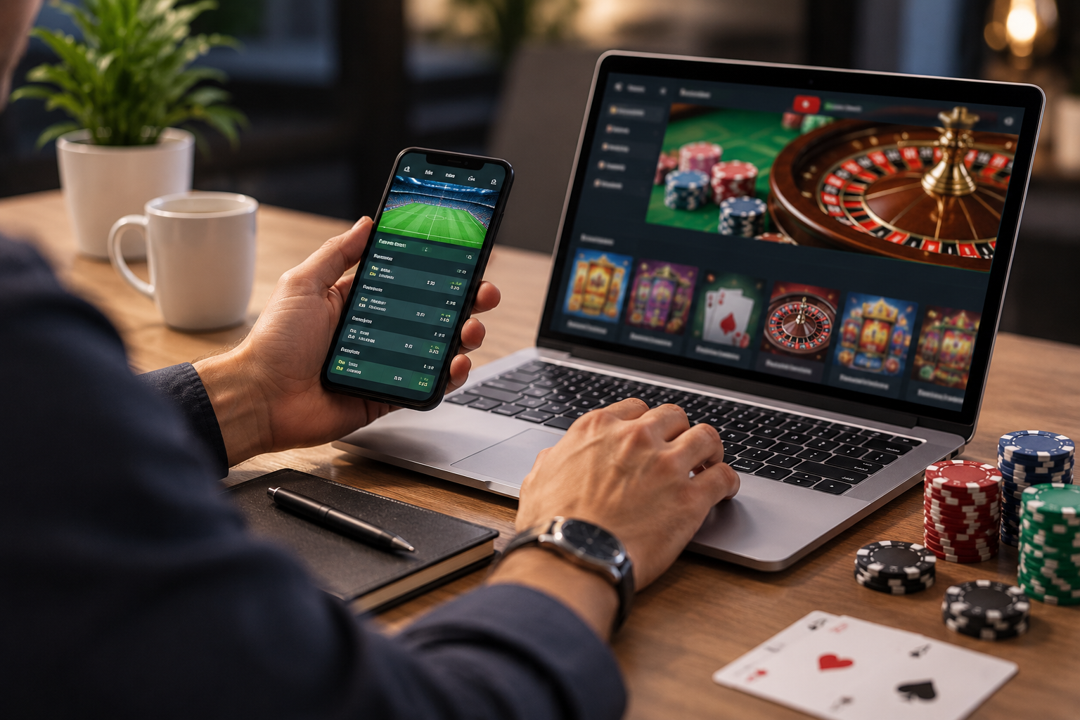 Online gambling user accessing casino games and sports betting from a laptop and smartphone.