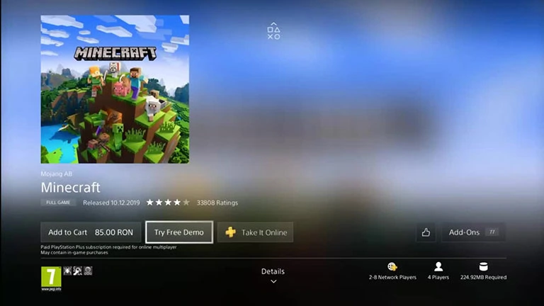 select Free demo version of Minecraft on PS4