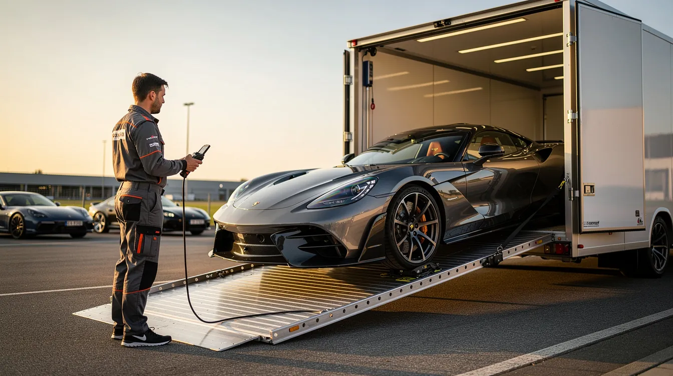 A luxury sports car is being carefully loaded into an enclosed transport trailer, ensuring its protection during transit. This image highlights the importance of reliable car shipping services for high-value vehicles, particularly in the Phoenix area.