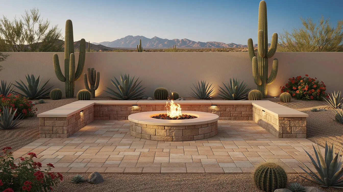 The image depicts a cozy paver patio in an Arizona backyard, featuring built-in seat walls that encircle a fire pit, creating a perfect outdoor space for gatherings. Desert plants line the perimeter, enhancing the landscape design with a touch of natural beauty.