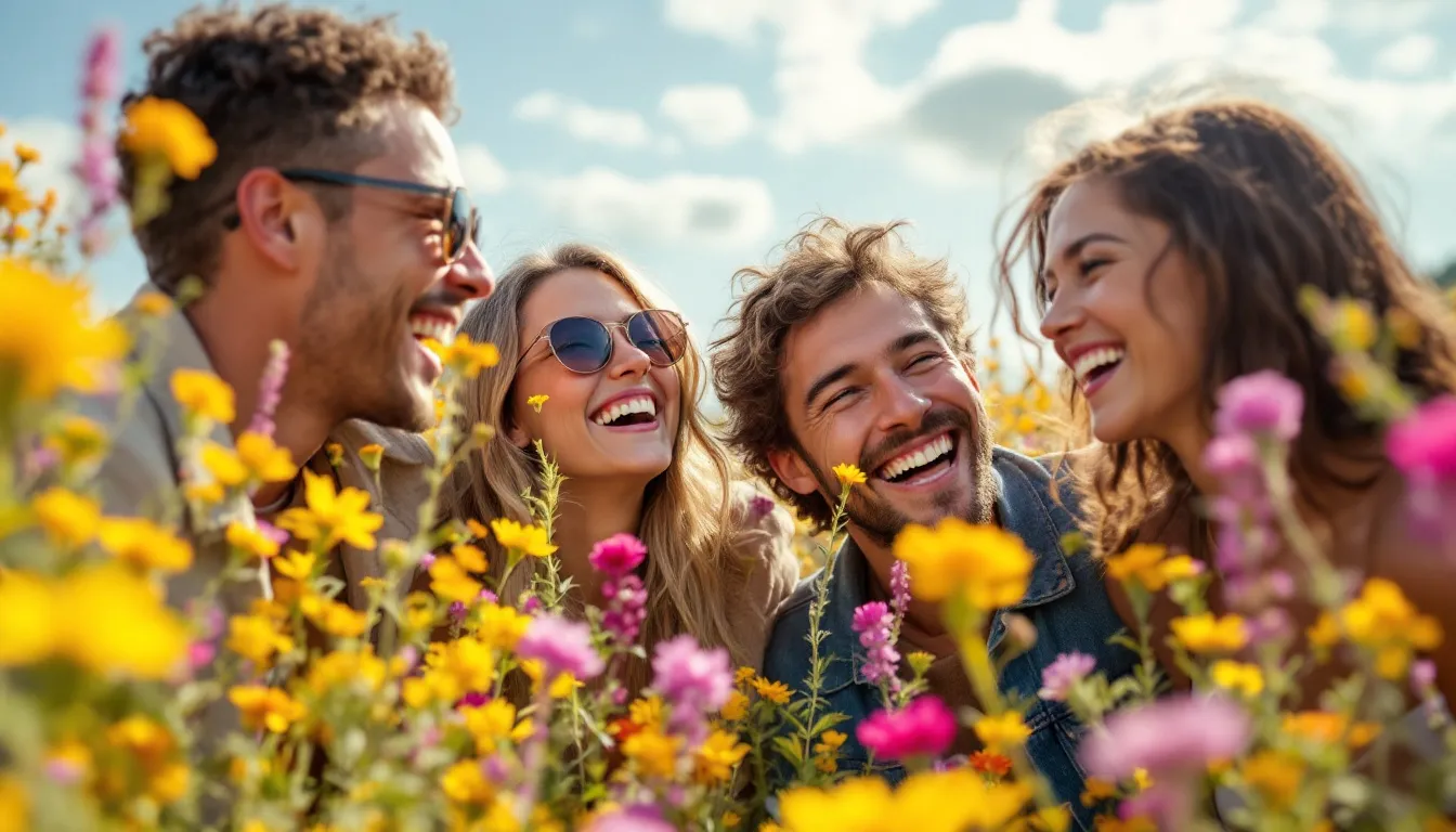 A group of friends is joyfully laughing together in a vibrant flower meadow, surrounded by beautiful flower blooms and wild flowers. Their happiness radiates like sunshine, embodying the spirit of "earth laughs in flowers" as they enjoy their time in nature.