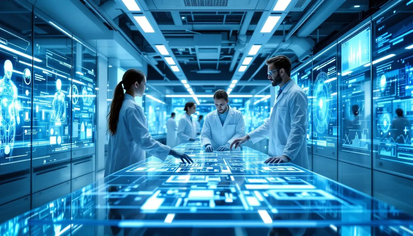 In a futuristic research laboratory, scientists collaborate with advanced AI systems, utilizing artificial intelligence tools and deep learning techniques to solve complex problems. The environment is filled with state-of-the-art technology, showcasing the integration of neural networks and machine learning in their research efforts.