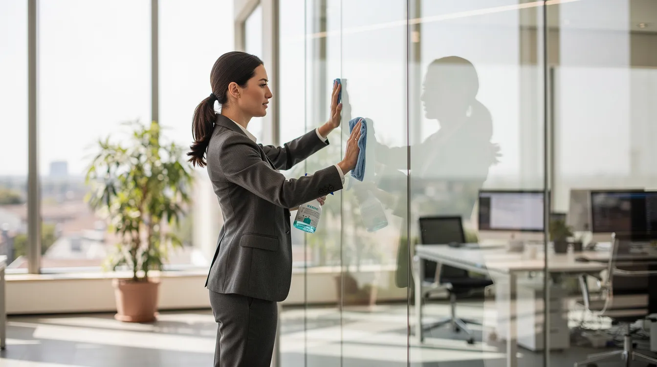 A woman is cleaning a large panel of tempered glass in an office setting, ensuring the safety glass is spotless and clear. The glass, known for its strength and resistance to shattering, reflects the modern design of the workspace.