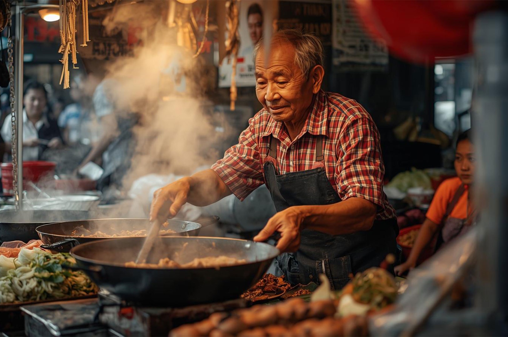 A smiling senior Asian street food vendor in a checkered shirt and apron intensely stirring and cooking food in a large wok over a hot stove.