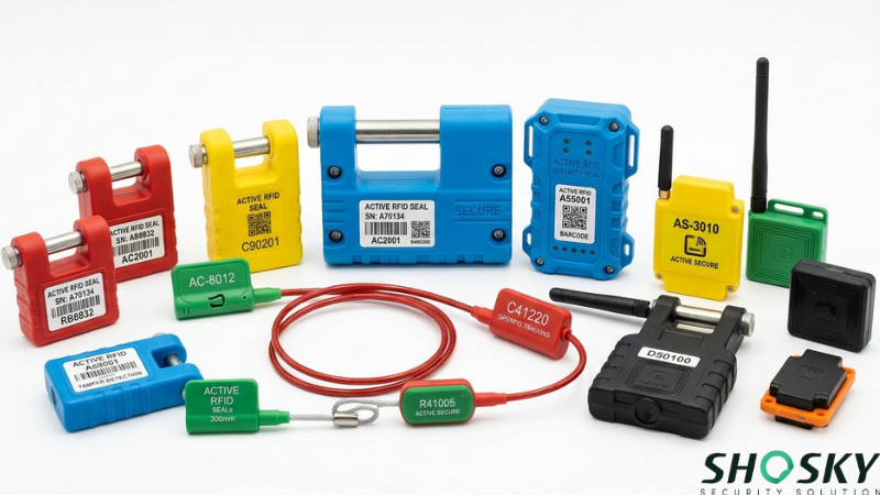 Various types of active RFID security seals