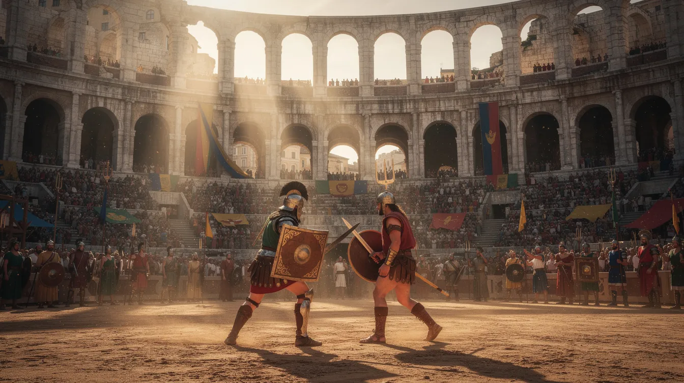 In der großen römischen Arena stehen sich zwei Gladiatoren im Sandring gegenüber, während die Zuschauer auf den Rängen gespannt zuschauen. Sonnenlicht strömt durch die Öffnung des Kolosseums und beleuchtet die Szene, die an epische Filme wie "Gladiator" erinnert, die von Regisseur Ridley Scott geprägt wurden.