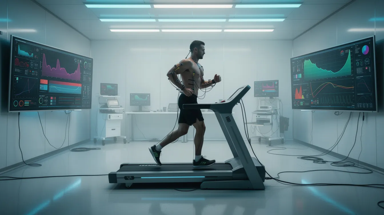 Ein großer athletischer Mann, der an ein High-Tech-Laufband angeschlossen ist, trainiert in einem sterilen Labor, während Monitore seine Messdaten anzeigen. Kaltes Neonlicht erhellt den Raum, was die intensive Atmosphäre seines Trainings, ähnlich der von Rocky Balboa und Ivan Drago im Kampf, verstärkt.