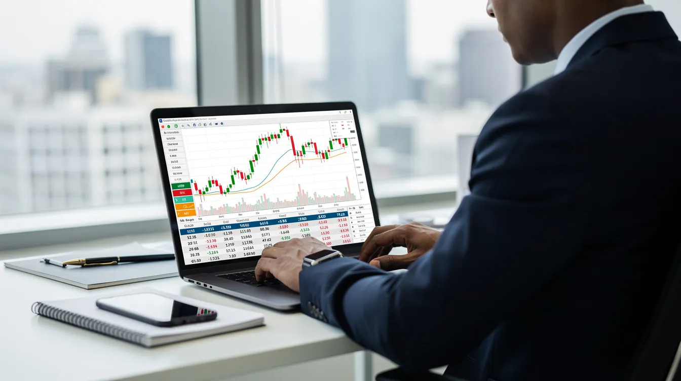 A professional is focused on their laptop, analyzing financial charts and spreadsheets that display various investment options, including real estate investment and mutual funds. The screen reflects the complexities of foreign direct investment and the potential for NRI investors in the Indian real estate market.