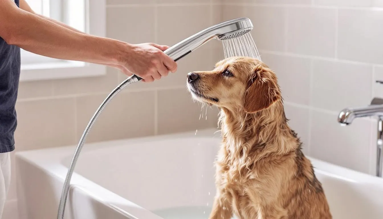 A person is using a handheld shower head to wet a medium-sized dog in a bathtub, preparing for the bathing process with dog shampoo. The dog, with its damp fur, stands calmly as warm water flows over its body, ensuring a thorough rinse to keep its skin clean and healthy.