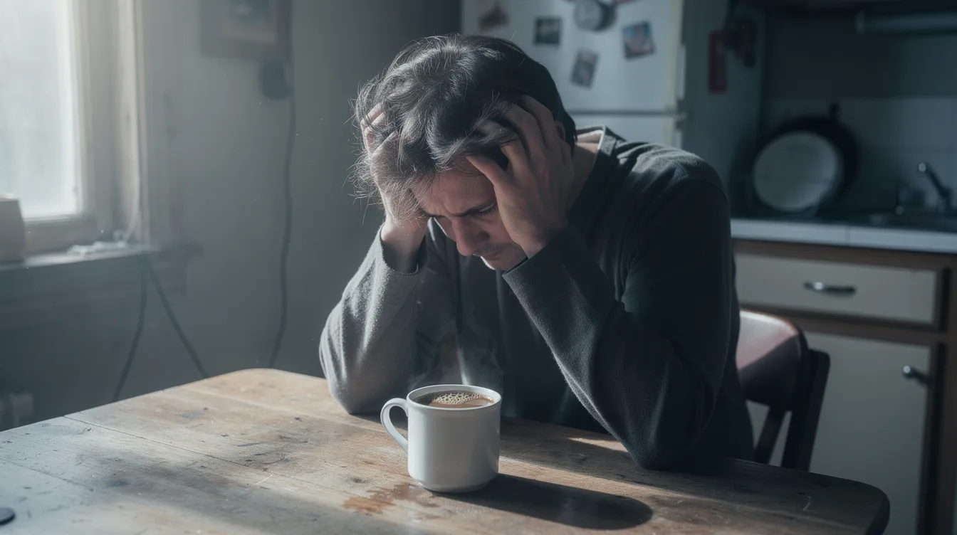 A tired middle-aged person is sitting at a kitchen table with their head resting in their hands, looking overwhelmed by caregiver stress. A cold cup of coffee sits nearby, symbolizing the emotional exhaustion and signs of caregiver burnout that many primary caregivers experience while managing their responsibilities.