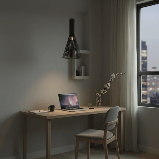 Black wire cone pendant light hanging above a bedroom desk and workspace.