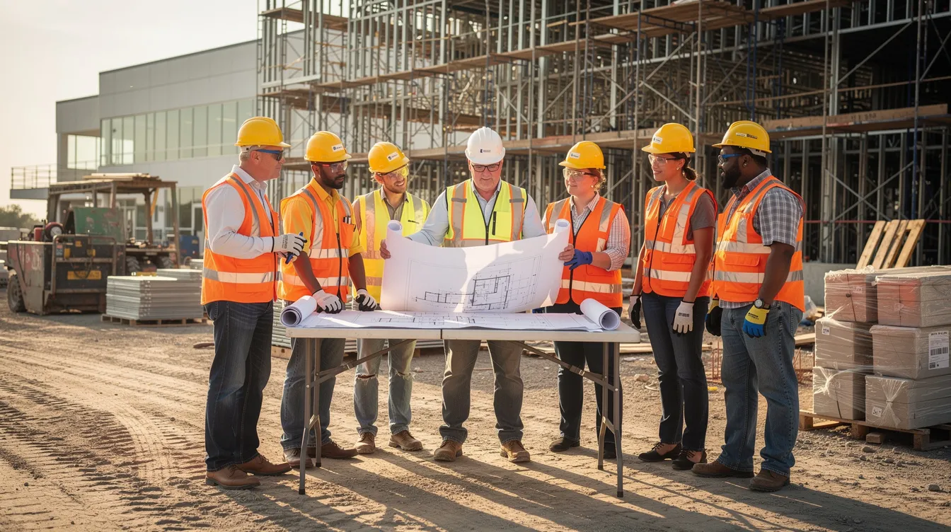A construction superintendent is reviewing project plans with a crew of workers on a commercial job site, where employees are wearing hard hats and safety vests. This scene highlights the importance of compliance with building codes and labor laws within the construction industry, as they discuss project delivery and the necessary procedures to ensure a successful outcome.
