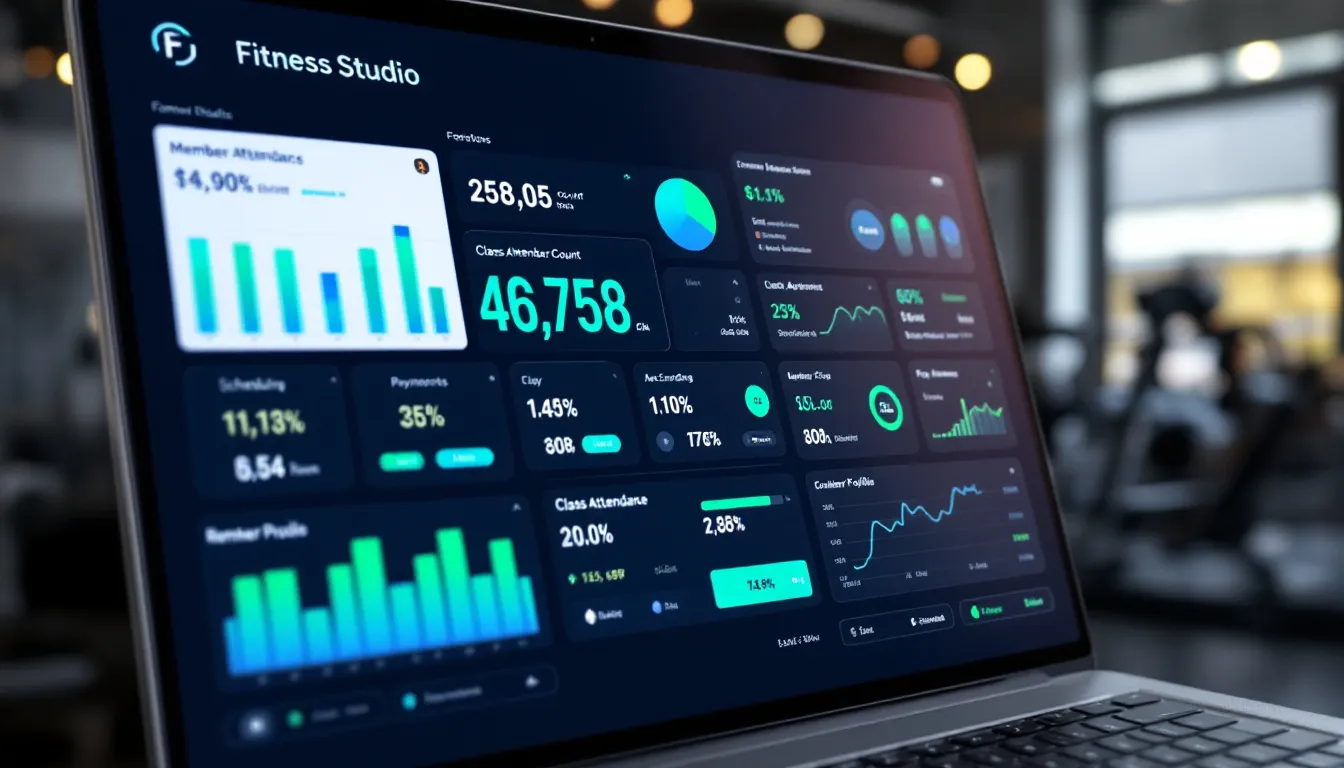Imagen de un panel de control de software que muestra estadísticas detalladas sobre un estudio de fitness, incluyendo información sobre usuarios, clases, reservas y entrenamientos. Esta aplicación facilita la gestión de datos para gimnasios y estudios de barre, mejorando la experiencia de clientes y desarrolladores.