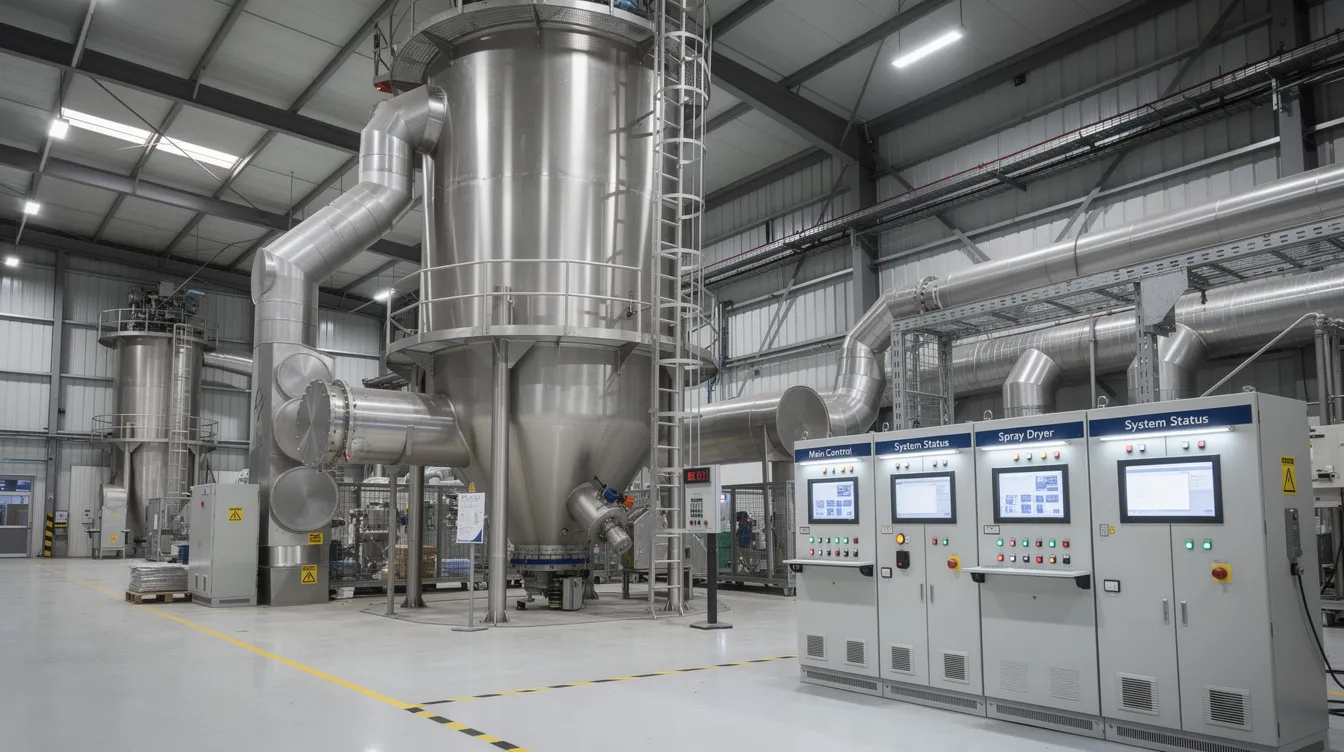 373dfb12 1de5 4cdb 913d 223b9c645311 The image depicts a large industrial spray dryer tower located within a milk powder manufacturing plant, featuring connecting ducts and control panels essential for the dairy processing industry. This setup is crucial for the efficient production of various milk powders, including skimmed and whole milk powder, highlighting the manufacturing process involved in the global milk powder market.