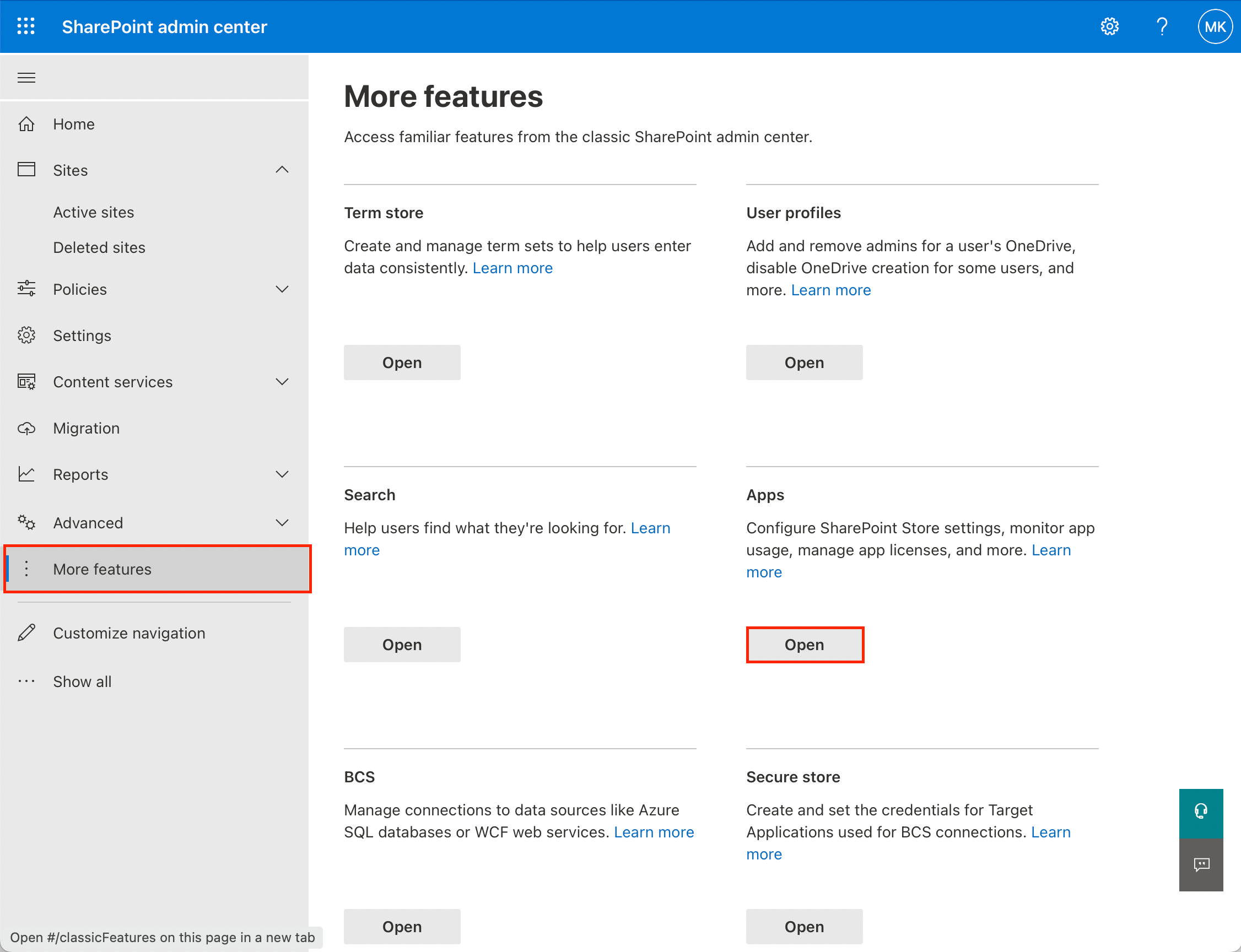 Access app features in sharepoint admin center