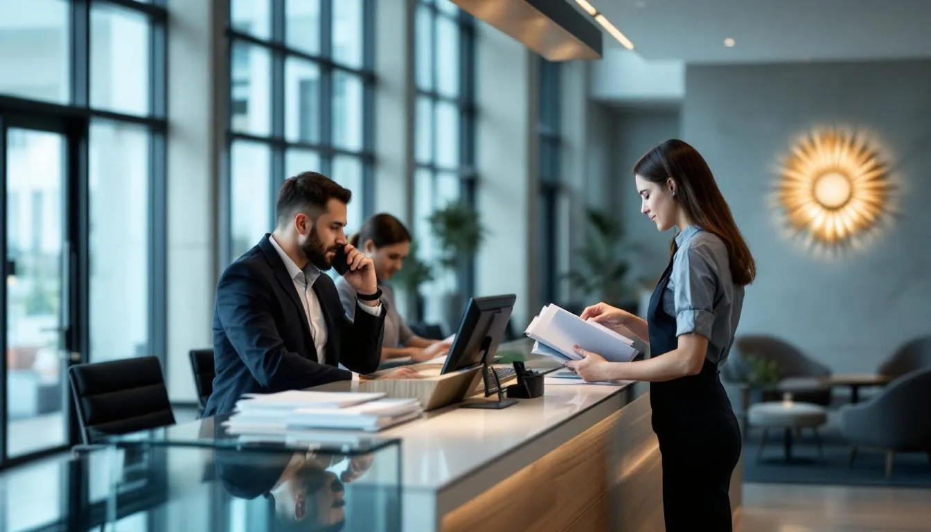 In a bustling hotel lobby, front desk staff are actively managing daily operations, checking in guests and handling reservations. The scene highlights the importance of hotel operations, emphasizing guest satisfaction and the efficiency required to optimize pricing and maximize revenue amidst fluctuating demand.