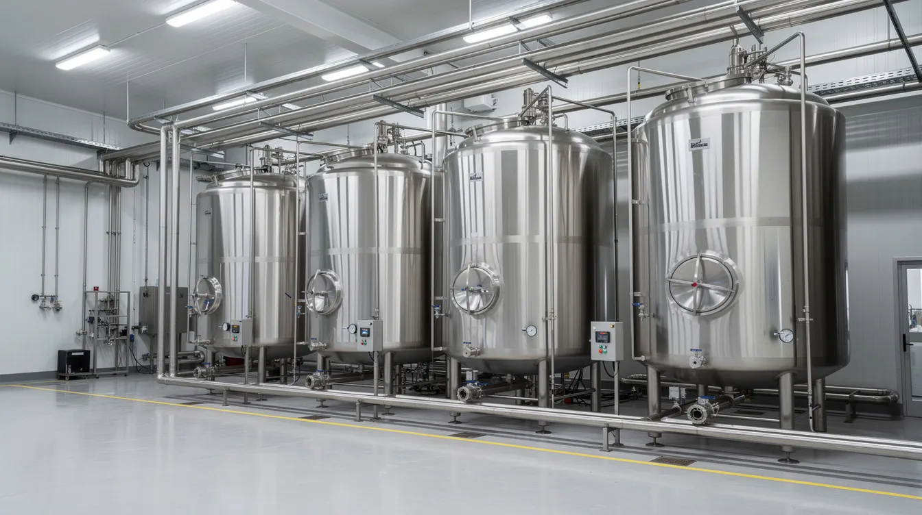 37419260 c4c1 45ad a3d9 27638705b536 The image depicts a modern stainless steel dairy processing facility featuring large cylindrical tanks and intricate pipework, indicative of a whey protein manufacturing plant. This industrial setting highlights the advanced machinery and technology requirements essential for efficient whey processing and production of high-quality whey protein products.