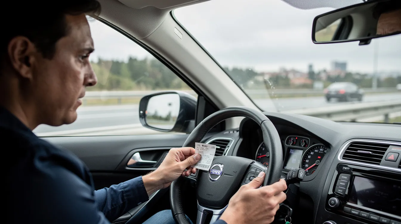 A person is sitting in a parked car on the side of a highway, holding a paper traffic ticket in their hand, contemplating the implications of the speeding violation on their driving record and insurance rates. The scene captures the moment of concern over potential court costs and the need for legal representation from a traffic lawyer.