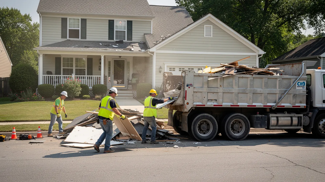 A construction crew is actively loading construction debris into a truck outside a residential home, showcasing their professional team engaged in efficient junk removal and proper disposal of leftover materials. This scene reflects the post construction cleaning services that ensure a pristine and stress-free new space for the homeowners.