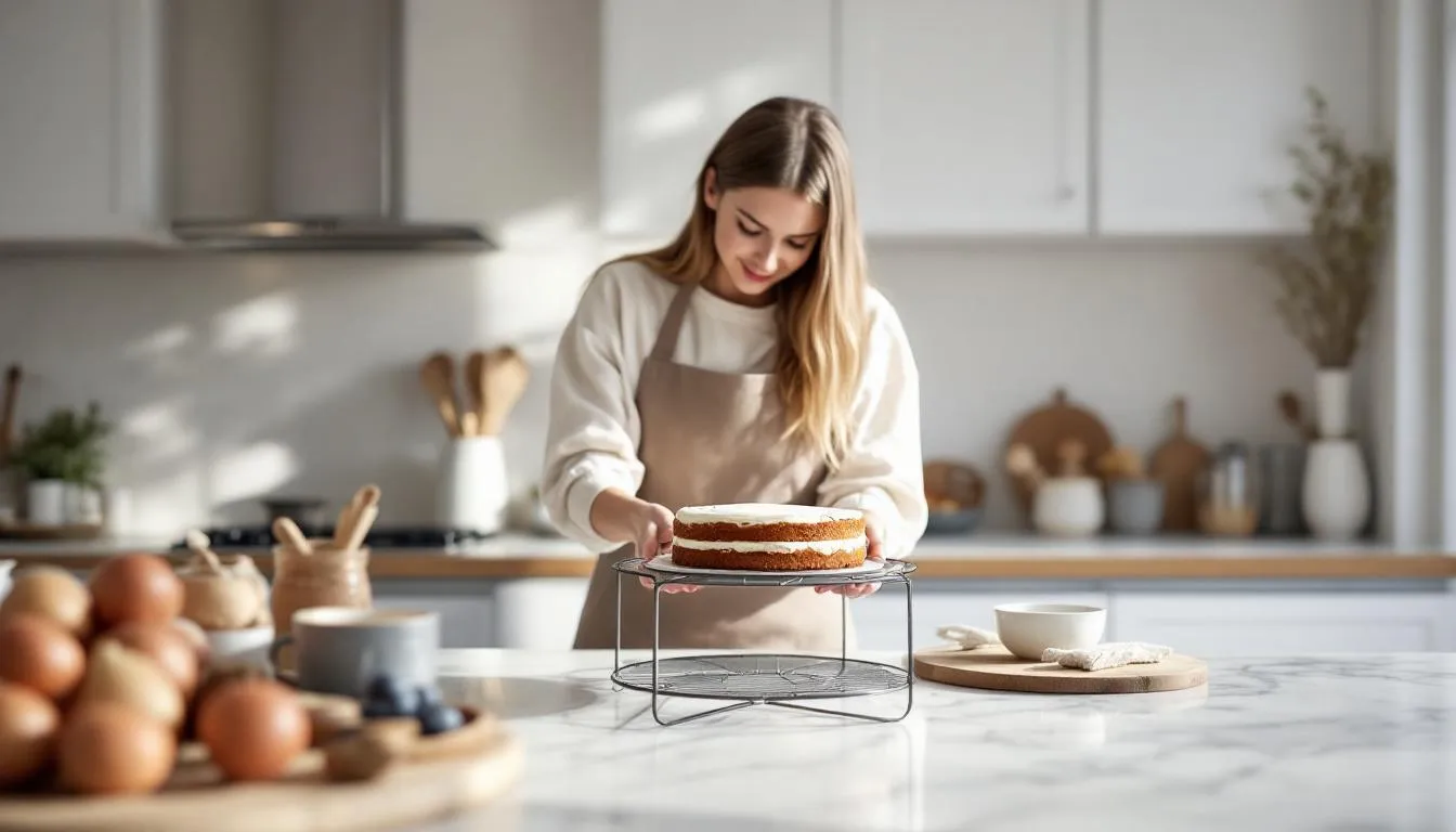 Ein Hobbybäcker, der ein Kuchengitter in der Küche verwendet.
