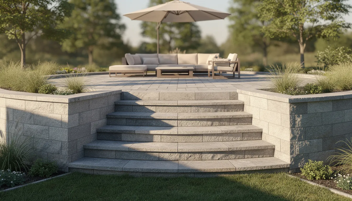 The image features a curved retaining wall made of natural stone, seamlessly integrated with stone steps that ascend to a stylish patio adorned with outdoor furniture. This outdoor space showcases a blend of textures and materials, including concrete pavers and paving stones, creating a welcoming area for relaxation and entertainment.