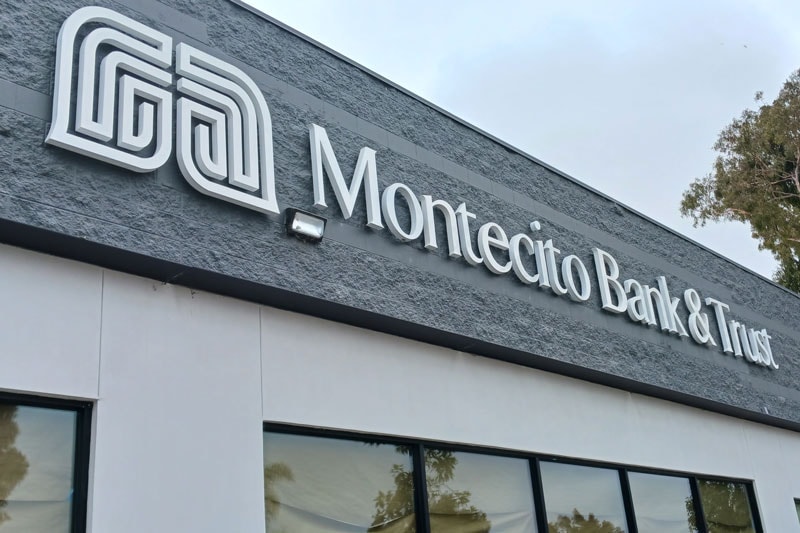 Channel letter signage for Montecito Bank & Trust adds a sharp, modern look to the building facade, helping the branch stand out in a busy commercial area.