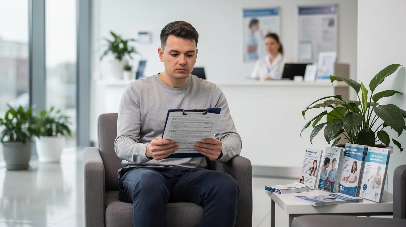 A person is seated in a medical office waiting room, holding paperwork related to their social security disability application. The atmosphere suggests they are preparing for a consultative examination, possibly to gather medical evidence for their disability claims process.