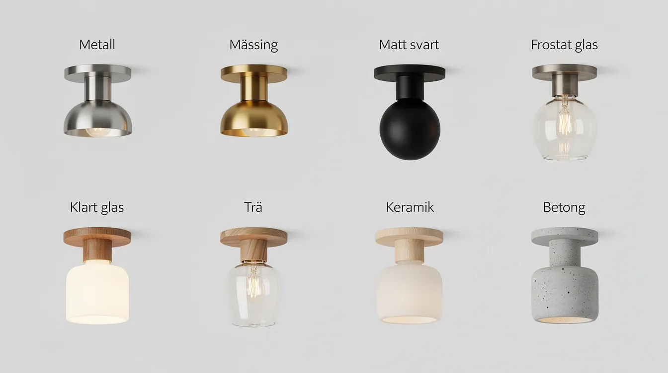 Bildbeskrivning: En samling av olika små taklampor i varierande material och design, som visar hur de kan passa in i olika rum som vardagsrum, kök och sovrum. Lamporna ger en modern känsla och erbjuder olika färger och stilar för att skapa rätt atmosfär i hemmet.