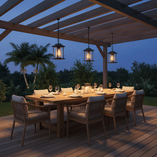 Three outdoor lantern pendant lights over deck dining area at night.