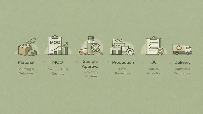 Eco-friendly product sourcing workflow from material selection and MOQ to sampling, production, QC, and delivery.