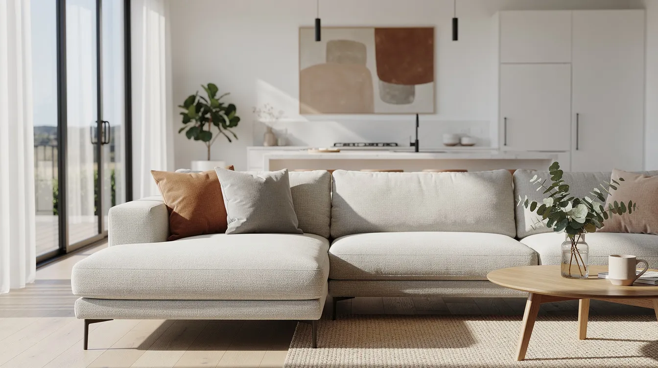 An L-shaped sectional sofa in light grey fabric with plush cushions serves as the focal point of a bright, open-plan Australian living area, complemented by a stylish coffee table and an accent chair. This inviting living space showcases modern Australian interiors, perfect for quality time with family and friends.