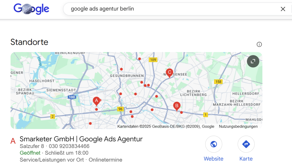 Screenshot eines "Local Pack" in den Google-Suchergebnissen.