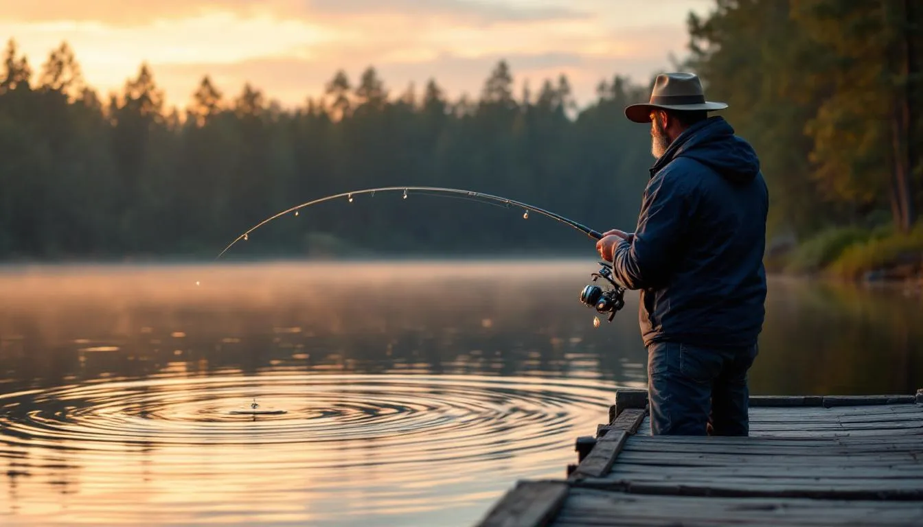 Wędkarz na brzegu jeziora rzuca spinning w kierunku wody o poranku, gdy słońce wschodzi, oświetlając spokojną powierzchnię wody. Scena ukazuje techniki łowienia ryb, które są popularne wśród doświadczonych wędkarzy, a atmosfera jest pełna nadziei na udany połów.