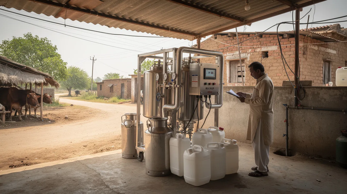 3750b88d e05b 46f4 a58e 13c3c5561d0c The image depicts a dairy processing unit in rural Bihar, showcasing milk chilling equipment essential for preserving dairy products. This facility represents the entrepreneurial spirit of small and micro businesses in the region, potentially benefiting from financial assistance through schemes like the Pradhan Mantri Mudra Yojana.