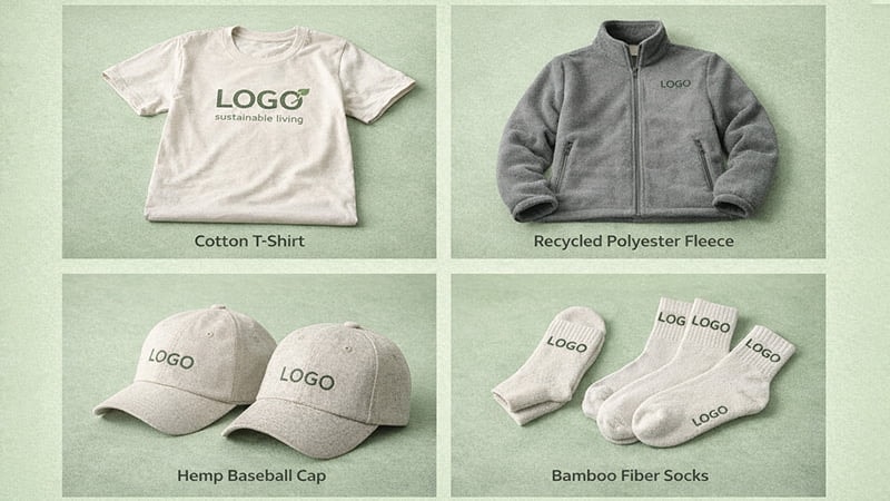 Sustainable promotional apparel featuring cotton T-shirts, recycled polyester fleece, hemp baseball caps, and bamboo fiber socks.