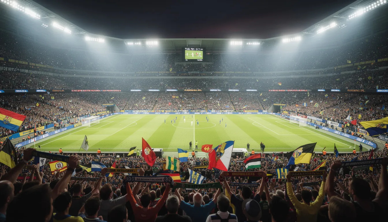 En fullsatt fotbollsarena lyses upp av strålkastare under en kvällsmatch, där spänningen är på topp och publiken hejar entusiastiskt. Denna atmosfär är perfekt för sportälskare som vill betta hos Nordicbet, där de kan ta del av ett stort utbud av odds och bonusar.