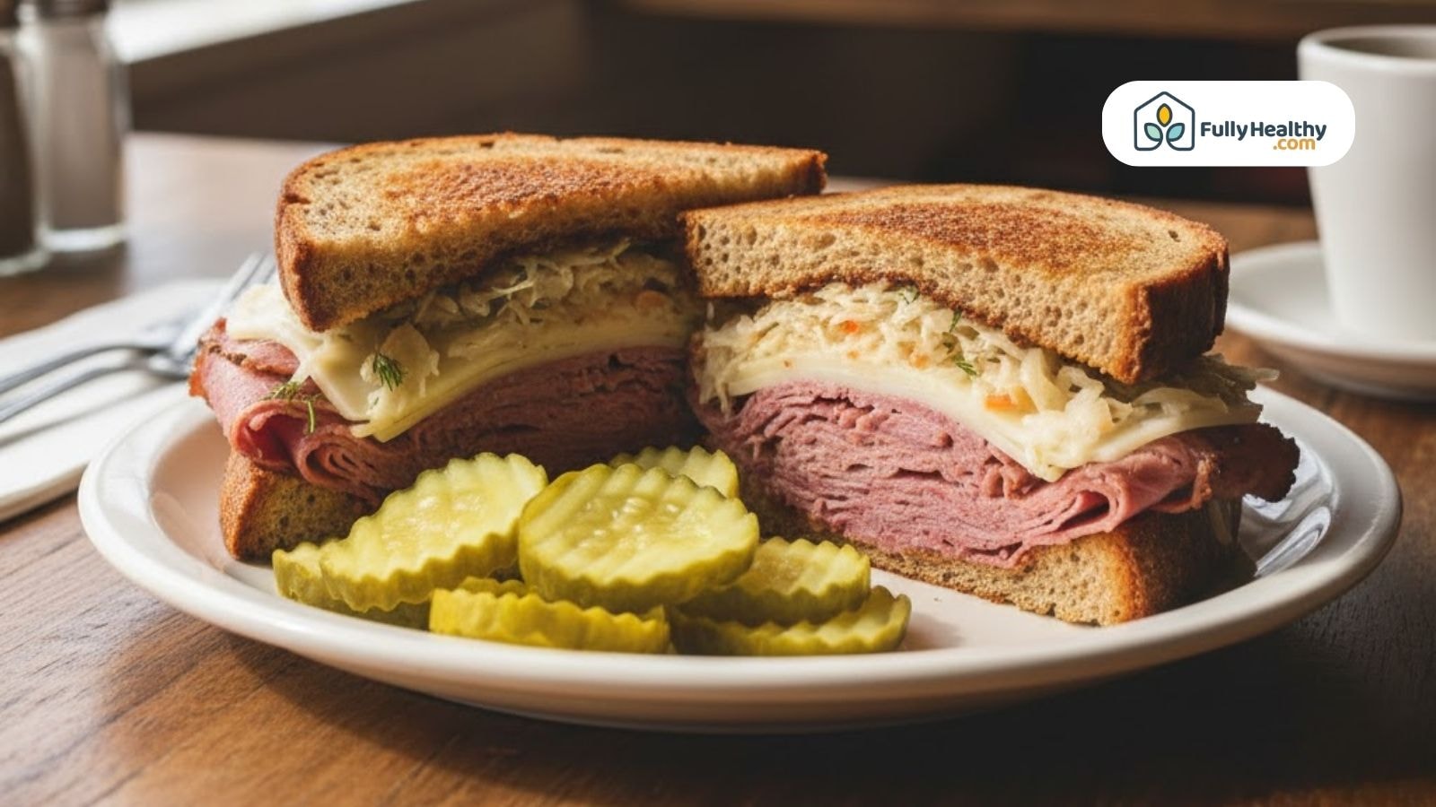 A pickled cucumber served with a sandwich and sliced pickles on a plate.