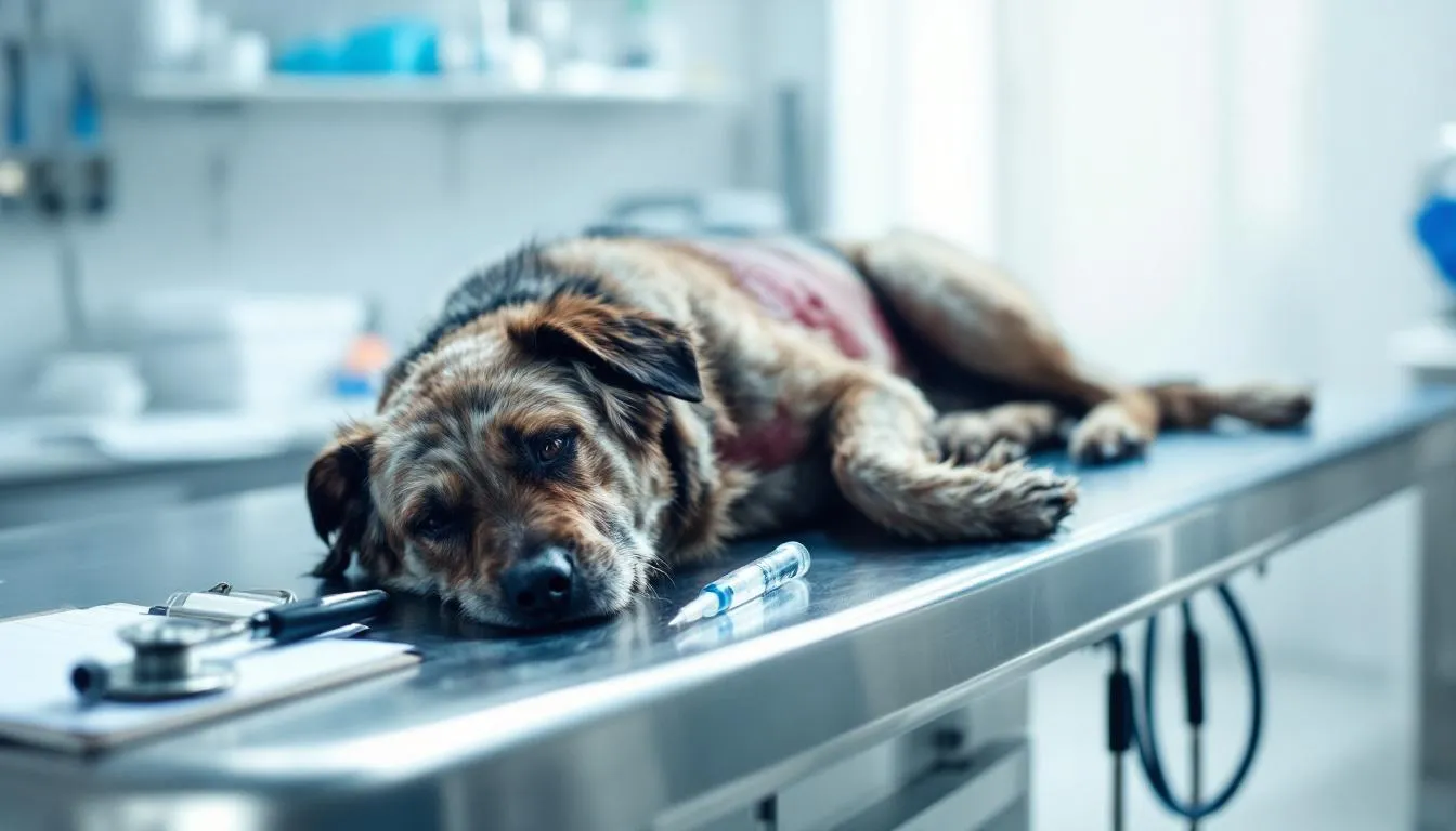 A collapsed dog lies on an examination table, surrounded by veterinary equipment, indicating a medical emergency possibly related to Addison