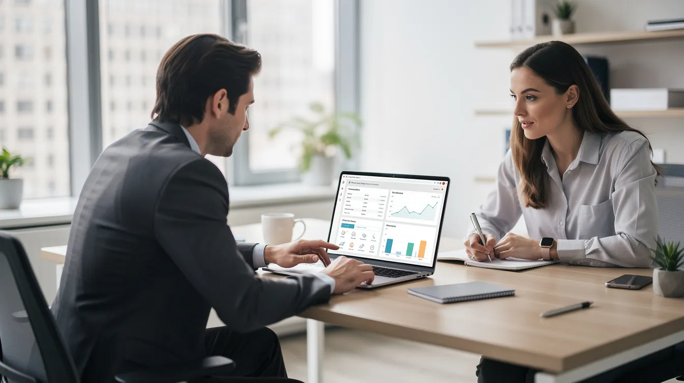 A professional is demonstrating product features on a laptop to a colleague in a bright and organized workspace, emphasizing the importance of effective customer education for improving product adoption and enhancing customer satisfaction. This interaction supports a strong customer education program aimed at empowering both new and existing customers throughout their customer journey.