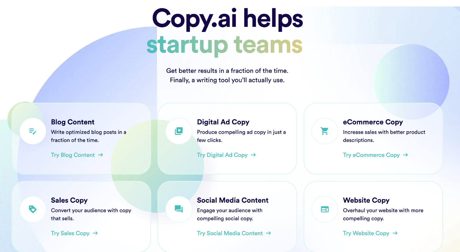 Copy.ai landing page - Get better results in a fraction of the time.