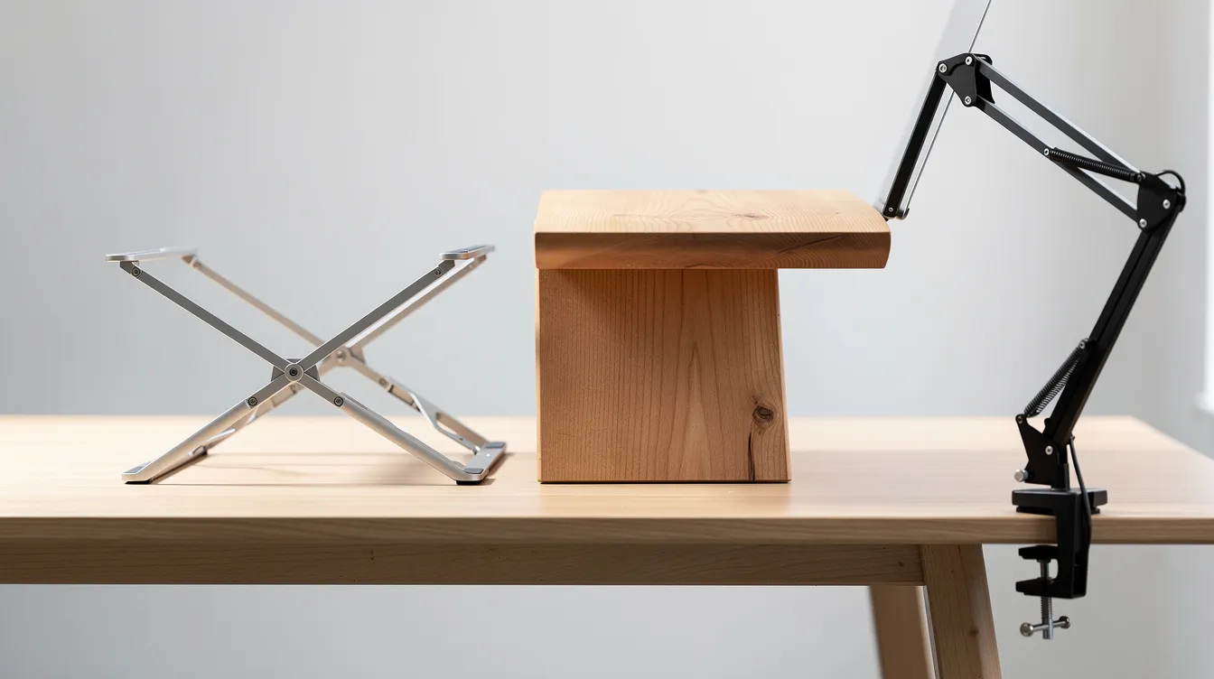 Auf einem hellen Holztisch sind verschiedene Laptopständer nebeneinander angeordnet: ein faltbarer Metallständer, ein massiver Holzständer und ein schwenkbarer Arm mit Klemme. Diese Ständer bieten unterschiedliche Höhen und Designs, um die Arbeitsplatzgestaltung zu optimieren und die Ergonomie beim Arbeiten am Laptop zu verbessern.