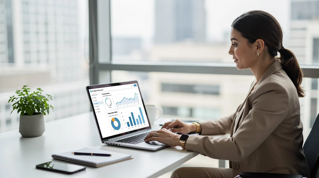 A professional marketing consultant is intently reviewing data on a laptop screen in a modern office setting, focusing on strategies for improving local SEO and optimizing digital marketing efforts to enhance visibility in search engines. The consultant appears to be analyzing metrics that could help local businesses attract more customers through effective SEO services and targeted ads.