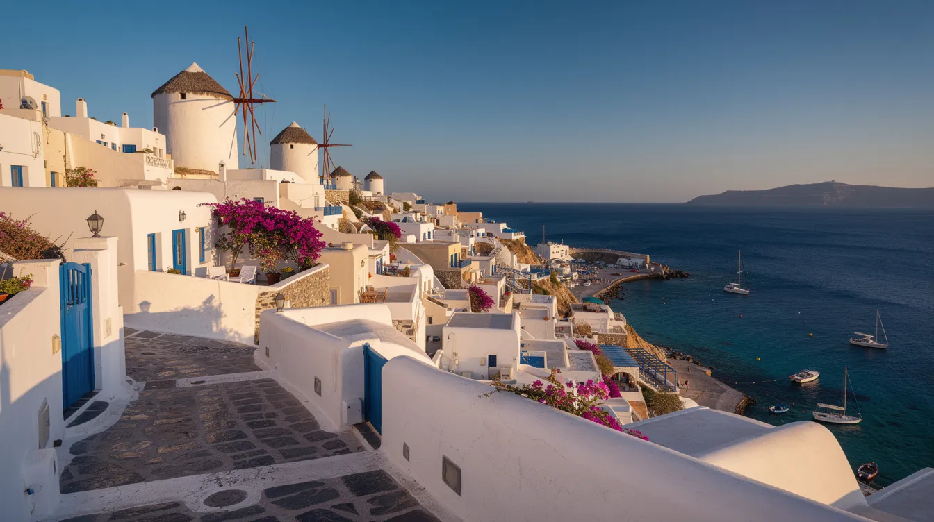 A imagem retrata uma vista deslumbrante de Mykonos, na Grécia, com suas casas brancas e azuis, cercadas por águas cristalinas do mar Egeu. O cenário é complementado por um céu ensolarado, tornando-se um dos destinos mais procurados por viajantes do Brasil em busca de uma estadia inesquecível.
