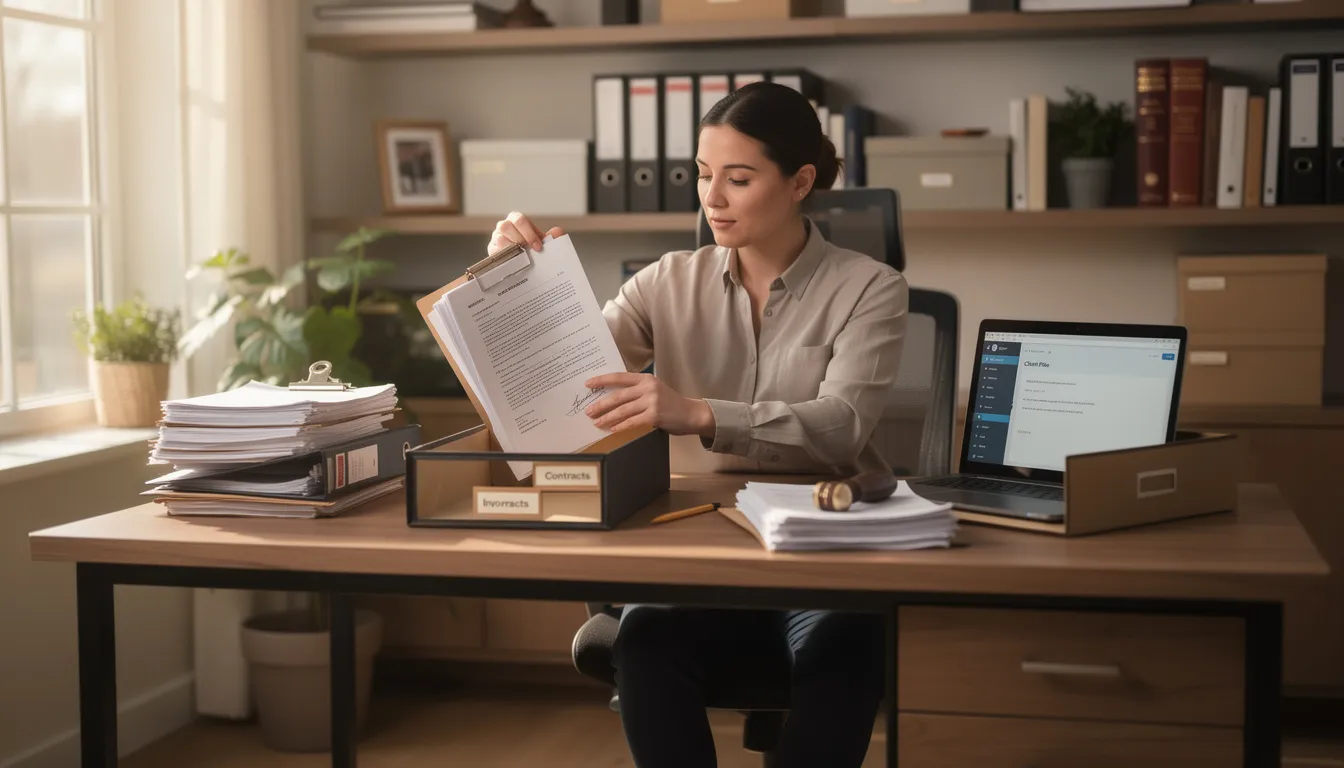 A person is seated at a desk in a home office, carefully organizing various legal documents related to the divorce process, including divorce papers and court forms. The setting suggests a focus on managing the online divorce process, with resources and completed divorce forms neatly arranged for easy access.
