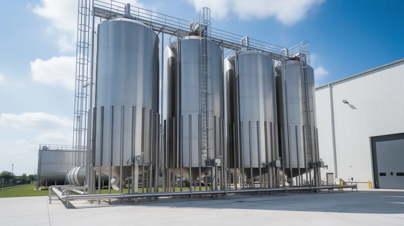 The image shows large stainless steel milk storage silos at a modern dairy processing facility, highlighting the infrastructure essential for milk powder production. These silos are crucial for storing raw milk and ensuring quality control in the dairy products manufacturing process.
