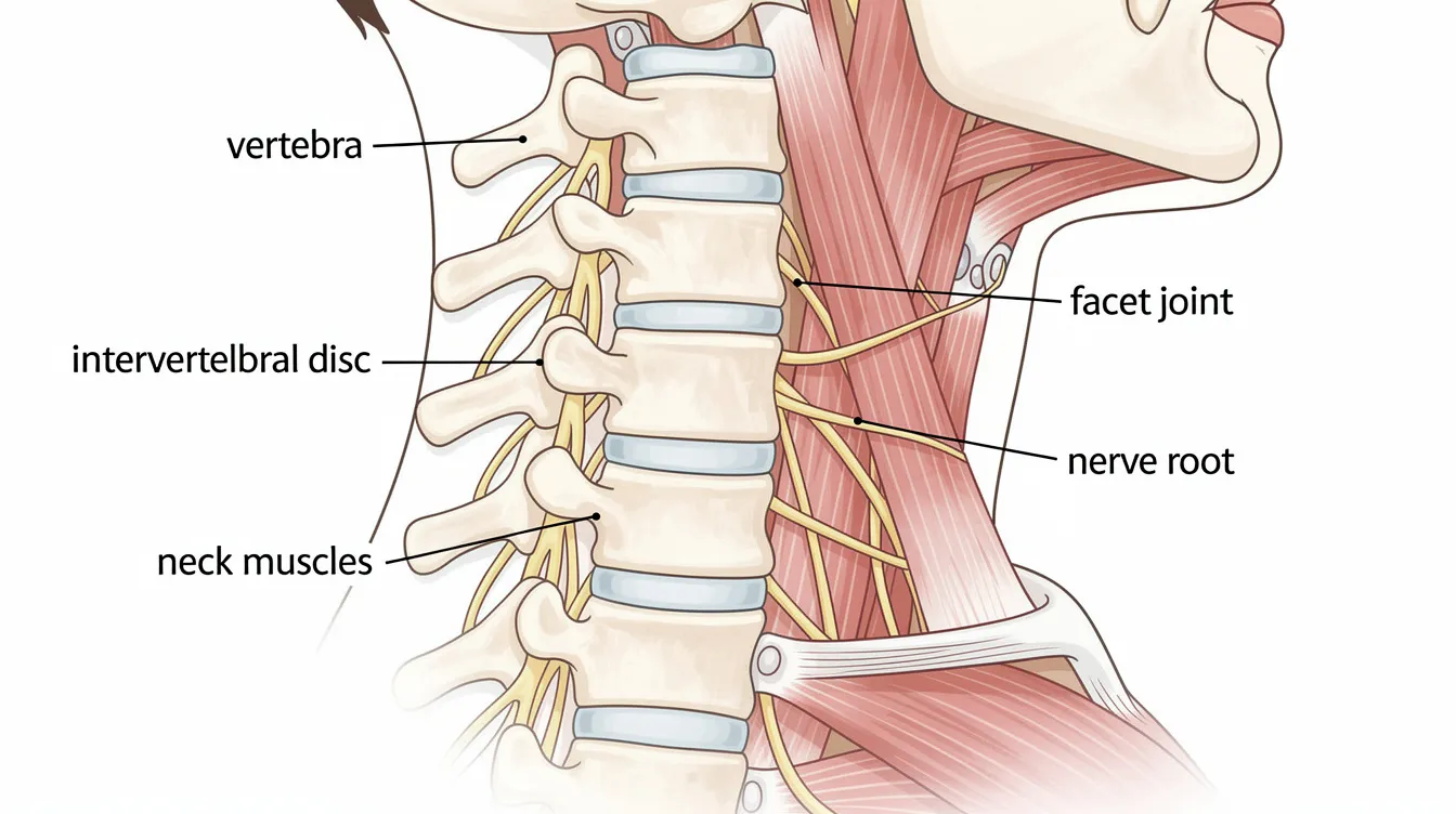 This side-view illustration of the cervical spine depicts the vertebrae, intervertebral disc, facet joint, nerve root, and surrounding neck muscles, highlighting the anatomy involved in neck pain. It serves as a visual reference for understanding conditions such as muscle strain, herniated discs, and the effects of poor posture on neck health.